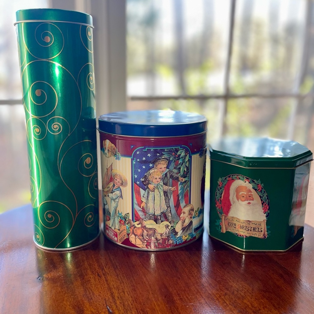 THREE vintage holiday cookie tins
